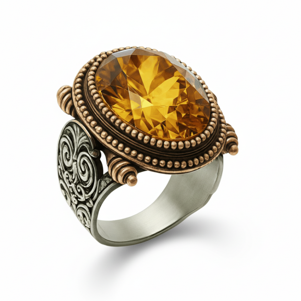 Faset Kesim Zultanit Taşlı Selçuklu Desenli Oval Tasarım 925 Ayar Gümüş Erkek Yüzük - 3