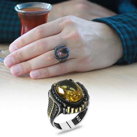 Faset Kesim Zultanit Taşlı Yanları Mikro Taş Mıhlamalı Dikit Detaylı 925 Ayar Gümüş Erkek Yüzük - Tesbihane