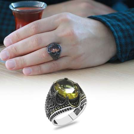 Faset Kesim Zultanit Taşlı Yanları Mikro Taş Mıhlamalı Kral Tacı Tasarım 925 Ayar Gümüş Erkek Yüzük - Tesbihane