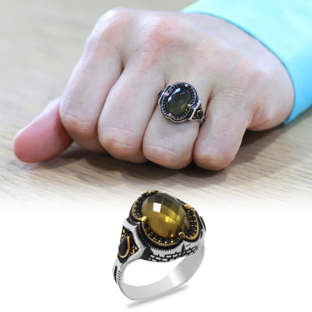 Faset Kesim Zultanit Taşlı Kral Tacı Tasarım 925 Ayar Gümüş Erkek Yüzük - Tesbihane