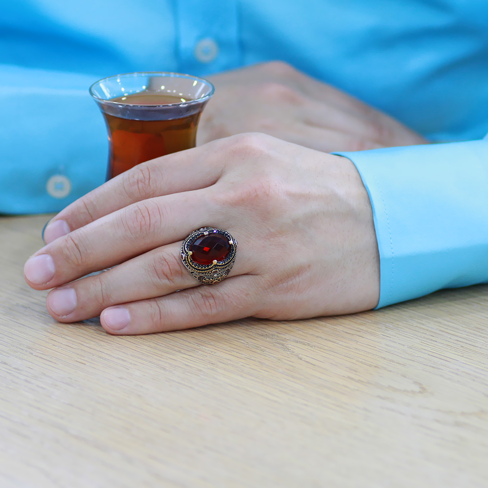 Faset Kırmızı Zirkon Taşlı Kral Tacı Tasarım 925 Ayar Gümüş Erkek Yüzük - 3