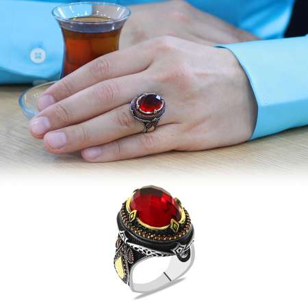 Faset Kırmızı Zirkon Taşlı Kral Tacı Tasarım İsme Özel Yazılı 925 Ayar Gümüş Erkek Yüzük - Tesbihane