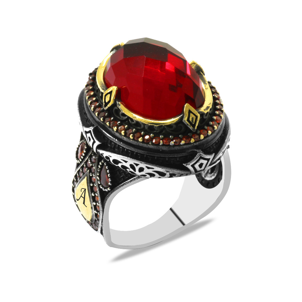 Faset Kırmızı Zirkon Taşlı Kral Tacı Tasarım İsme Özel Yazılı 925 Ayar Gümüş Erkek Yüzük - 3