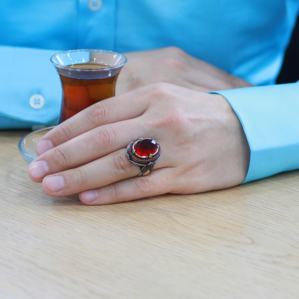 Faset Kırmızı Zirkon Taşlı Kral Tacı Tasarım İsme Özel Yazılı 925 Ayar Gümüş Erkek Yüzük - 4