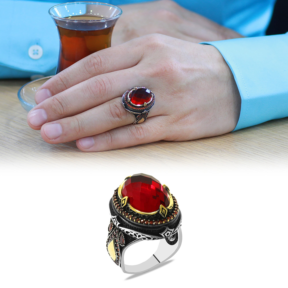 Faset Kırmızı Zirkon Taşlı Kral Tacı Tasarım İsme Özel Yazılı 925 Ayar Gümüş Erkek Yüzük - 1