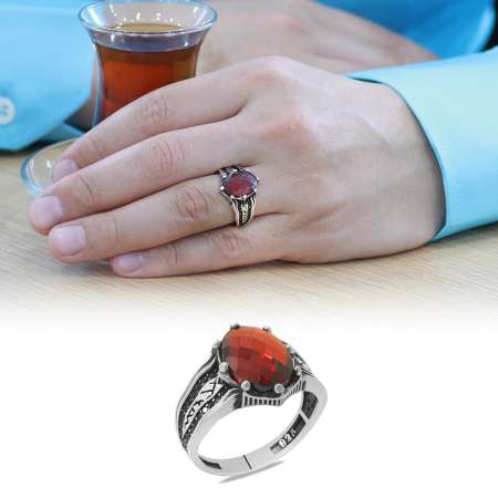 Faset Kırmızı Zirkon Taşlı Oval Tasarım 925 Ayar Gümüş Erkek Yüzük - Tesbihane