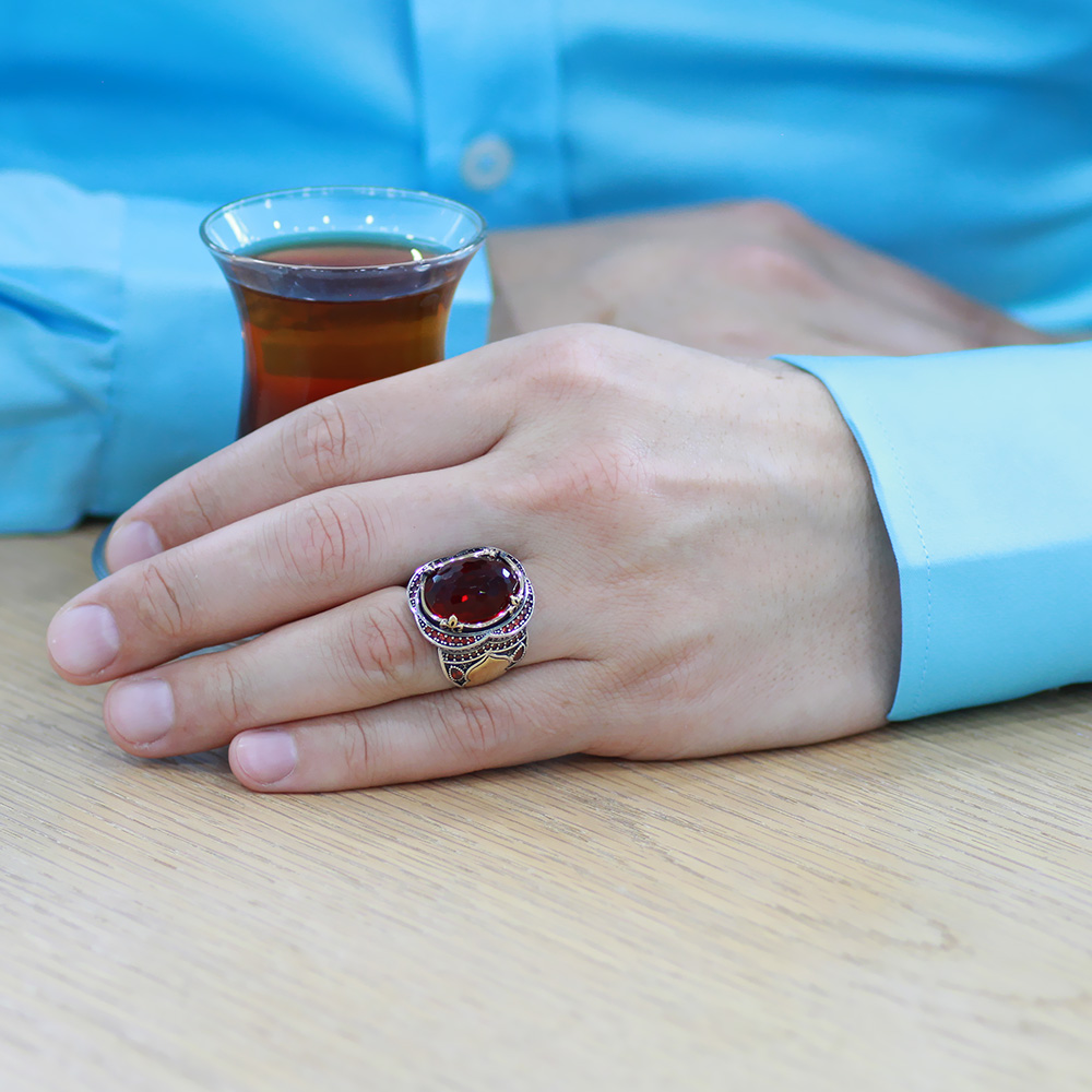 Faset Kırmızı Zirkon Taşlı Oval Tasarım İsme Özel Yazılı 925 Ayar Gümüş Erkek Yüzük - 4