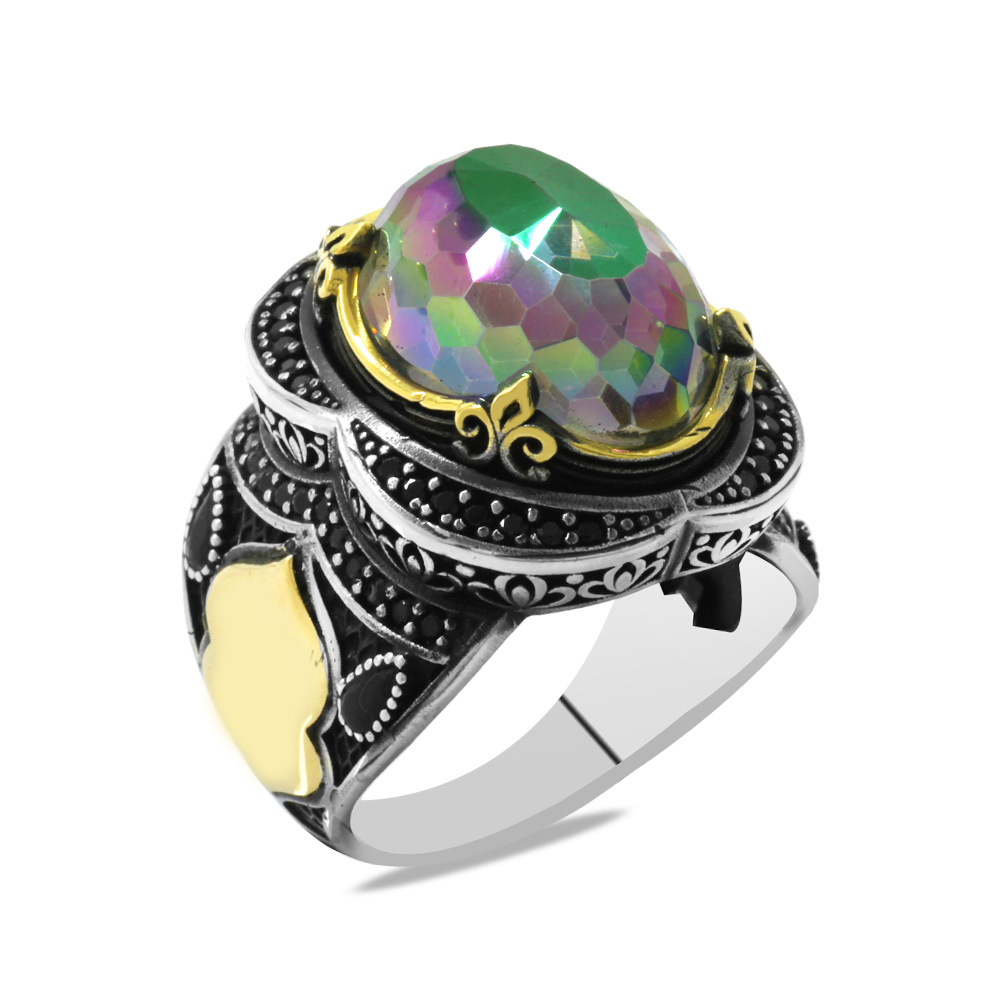 Faset Mistik Topaz Taşlı Oval Tasarım İsme Özel Yazılı 925 Ayar Gümüş Erkek Yüzük - 2