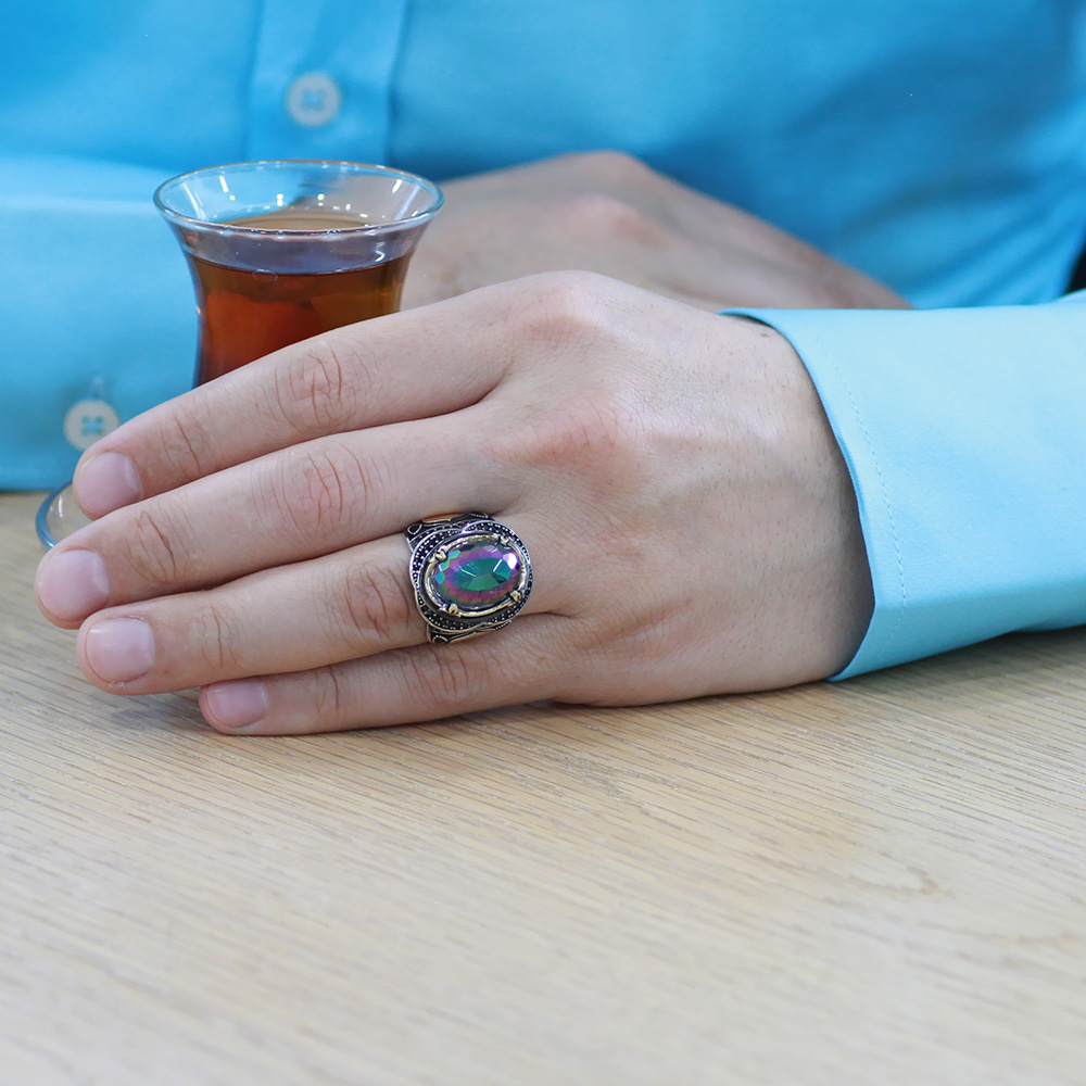 Faset Mistik Topaz Taşlı Oval Tasarım İsme Özel Yazılı 925 Ayar Gümüş Erkek Yüzük - 4