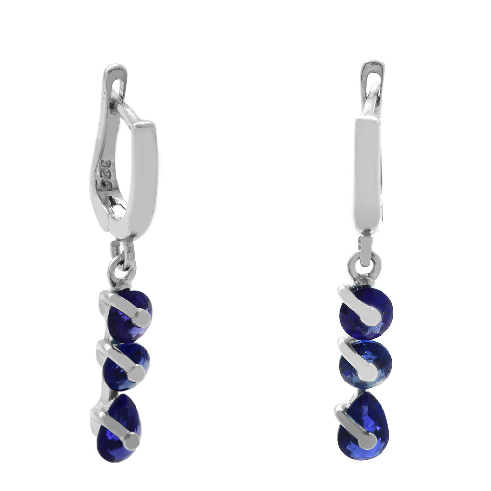 Faset Night Blue Zirkon Taşlı 3 lü Damla Tasarım 925 Ayar Gümüş Kadın Küpe - 1