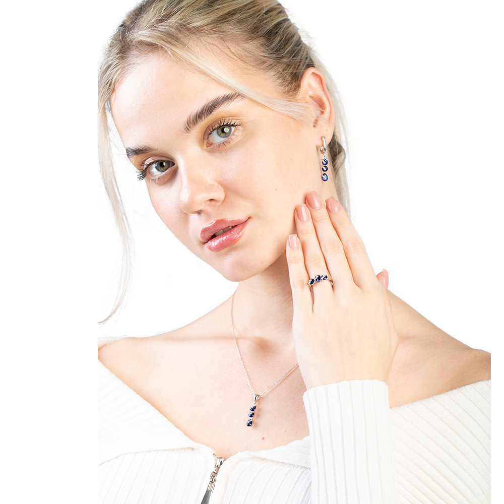 Faset Night Blue Zirkon Taşlı 3 lü Damla Tasarım 925 Ayar Gümüş Takı Seti - 3