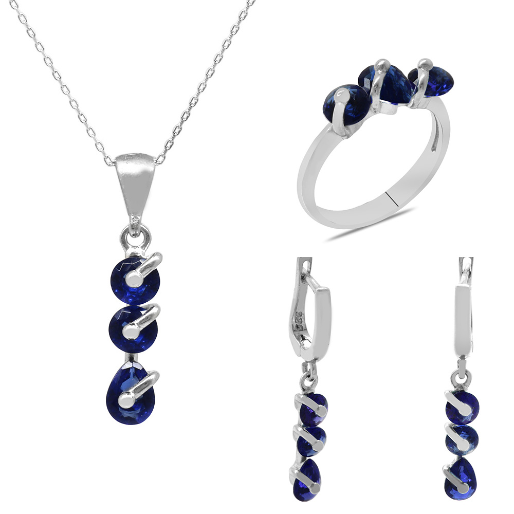 Faset Night Blue Zirkon Taşlı 3 lü Damla Tasarım 925 Ayar Gümüş Takı Seti - 1