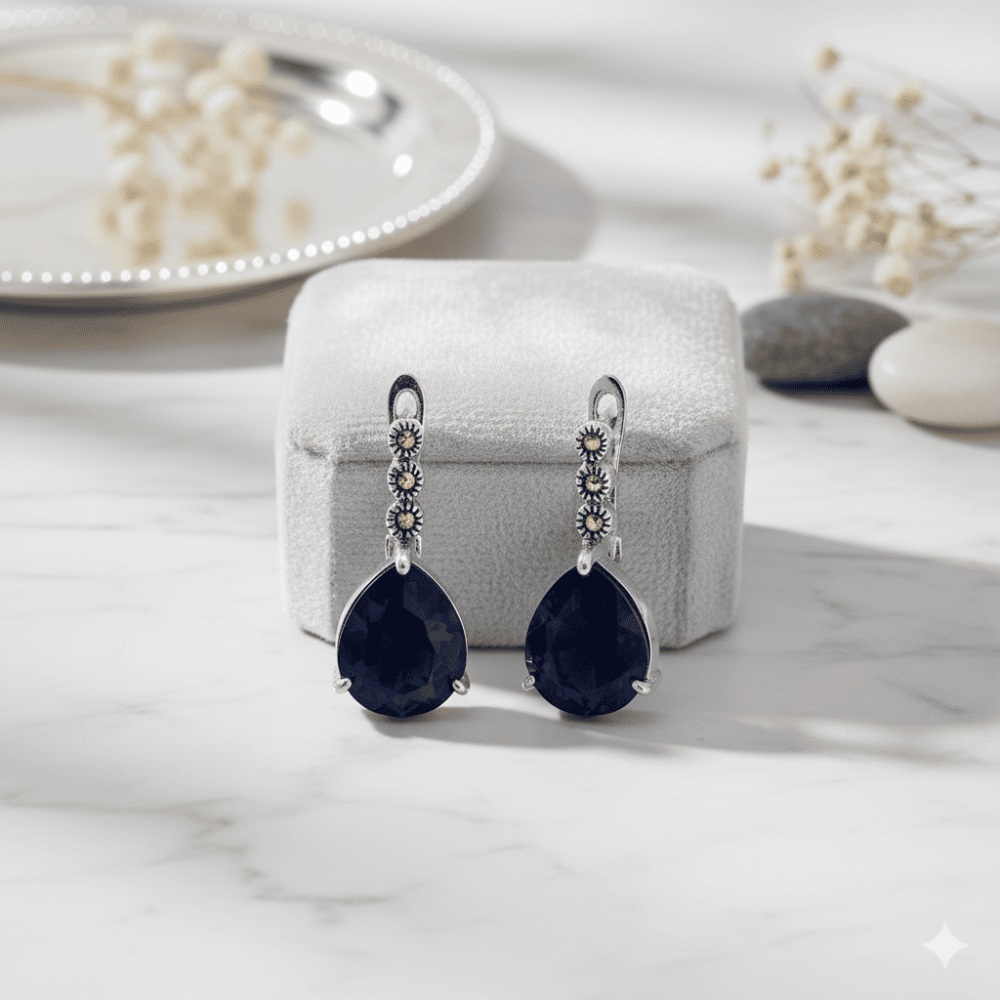 Faset Gece Mavi Zirkon Taşlı Damla Tasarım 925 Ayar Gümüş Kadın Küpe - 4