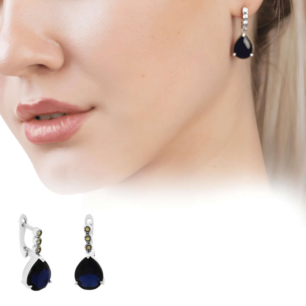 Faset Gece Mavi Zirkon Taşlı Damla Tasarım 925 Ayar Gümüş Kadın Küpe - 1