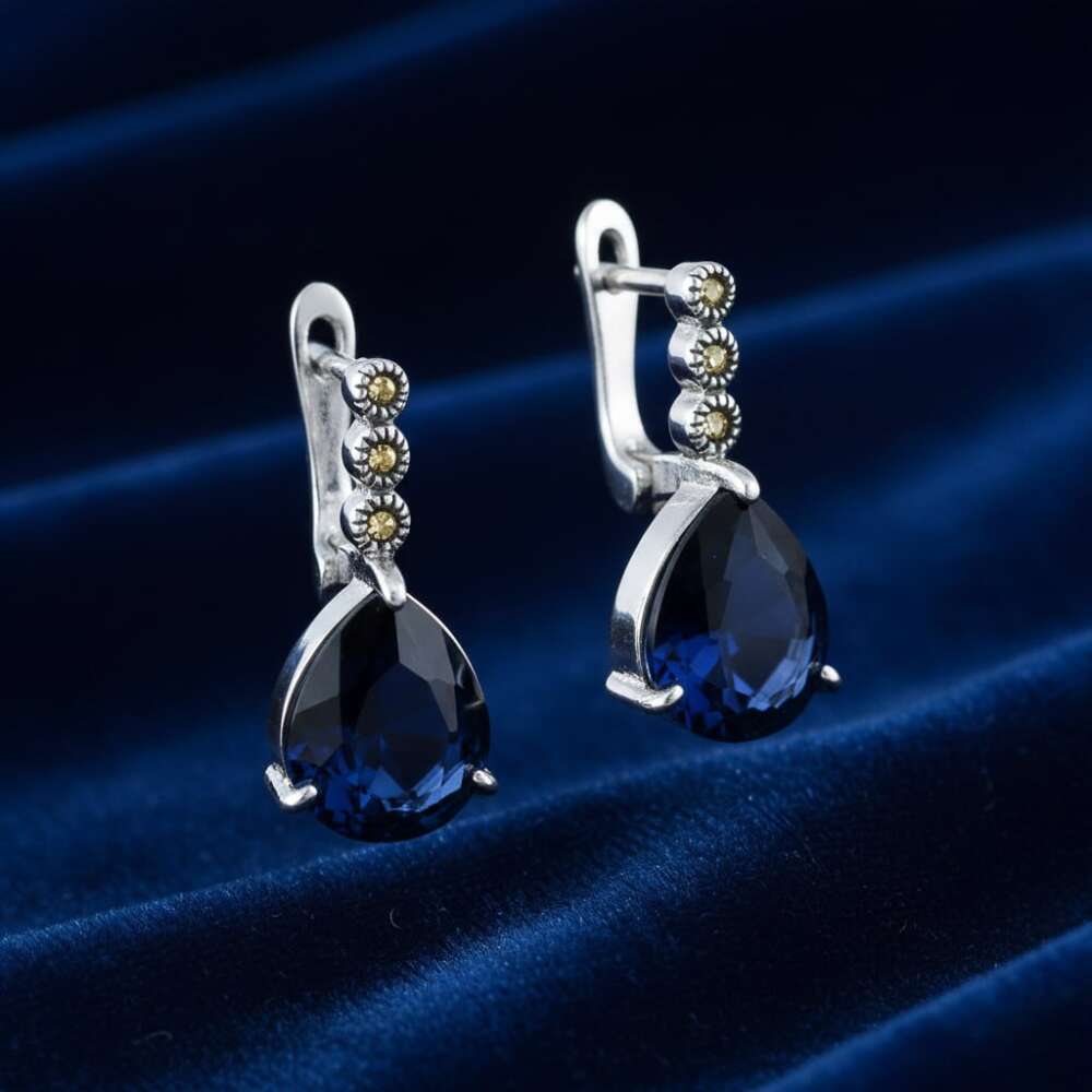 Faset Gece Mavi Zirkon Taşlı Damla Tasarım 925 Ayar Gümüş Kadın Küpe - 3