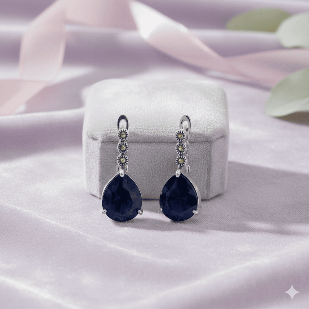 Faset Gece Mavi Zirkon Taşlı Damla Tasarım 925 Ayar Gümüş Kadın Küpe - 4