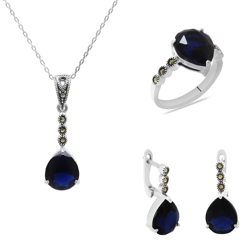Faset Night Blue Zirkon Taşlı Damla Tasarım 925 Ayar Gümüş Takı Seti - 1