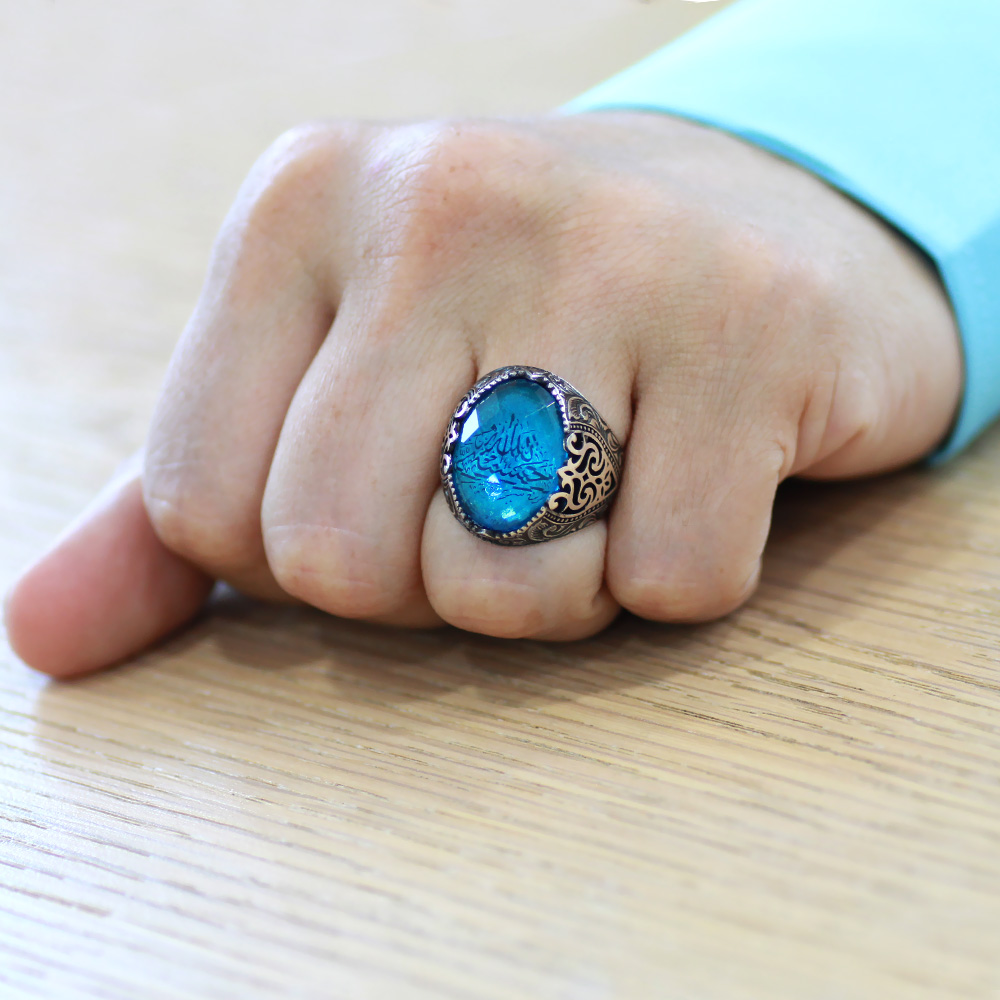 Faset Turkuaz Zirkon Taşlı Hüsnü Hat Hasbünallah Yazılı 925 Ayar Gümüş Erkek Yüzük - 3
