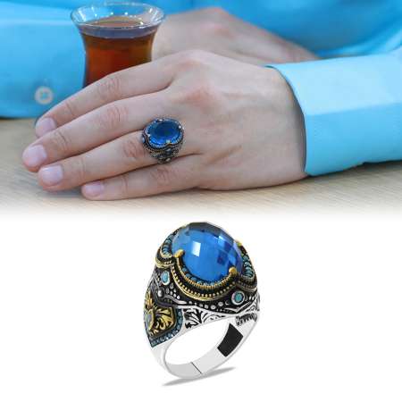 Faset Turkuaz Zirkon Taşlı Kral Tacı Tasarım 925 Ayar Gümüş Erkek Yüzük - Tesbihane