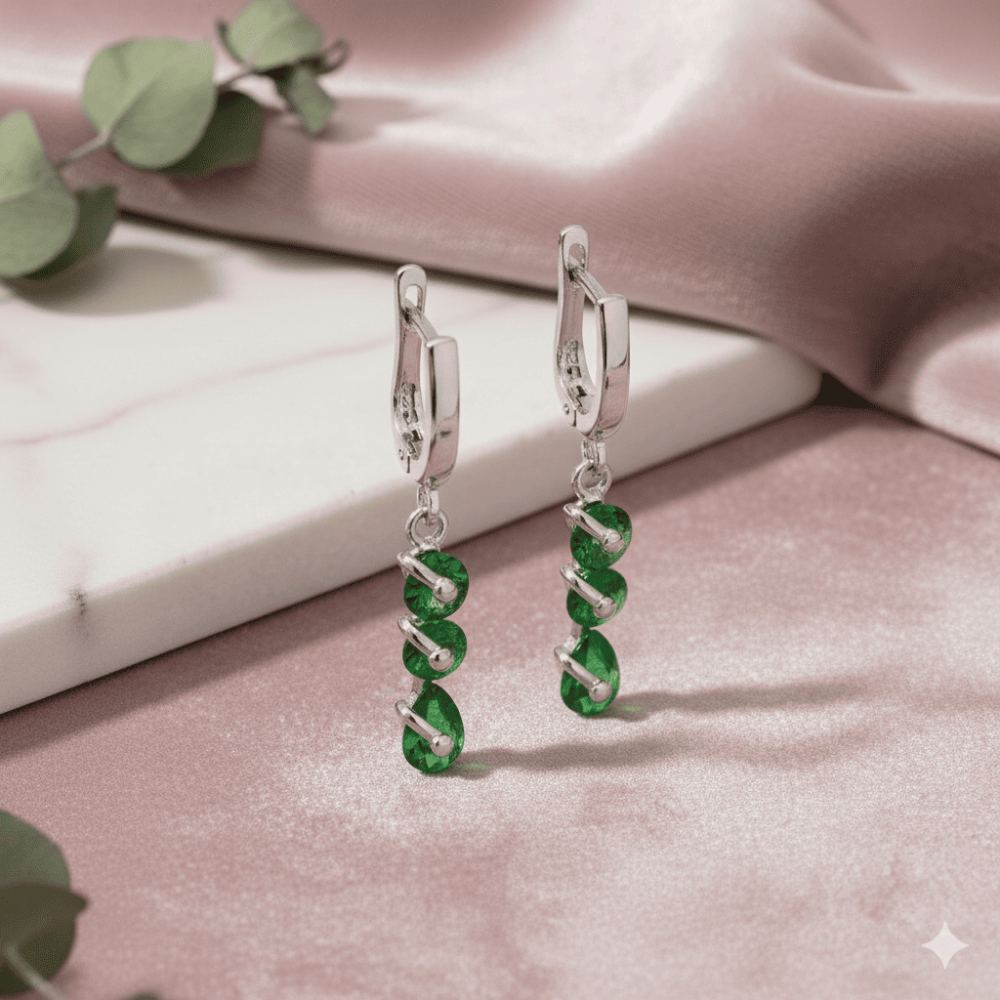 Faset Yeşil Zirkon Taşlı 3 lü Damla Tasarım 925 Ayar Gümüş Kadın Küpe - 3