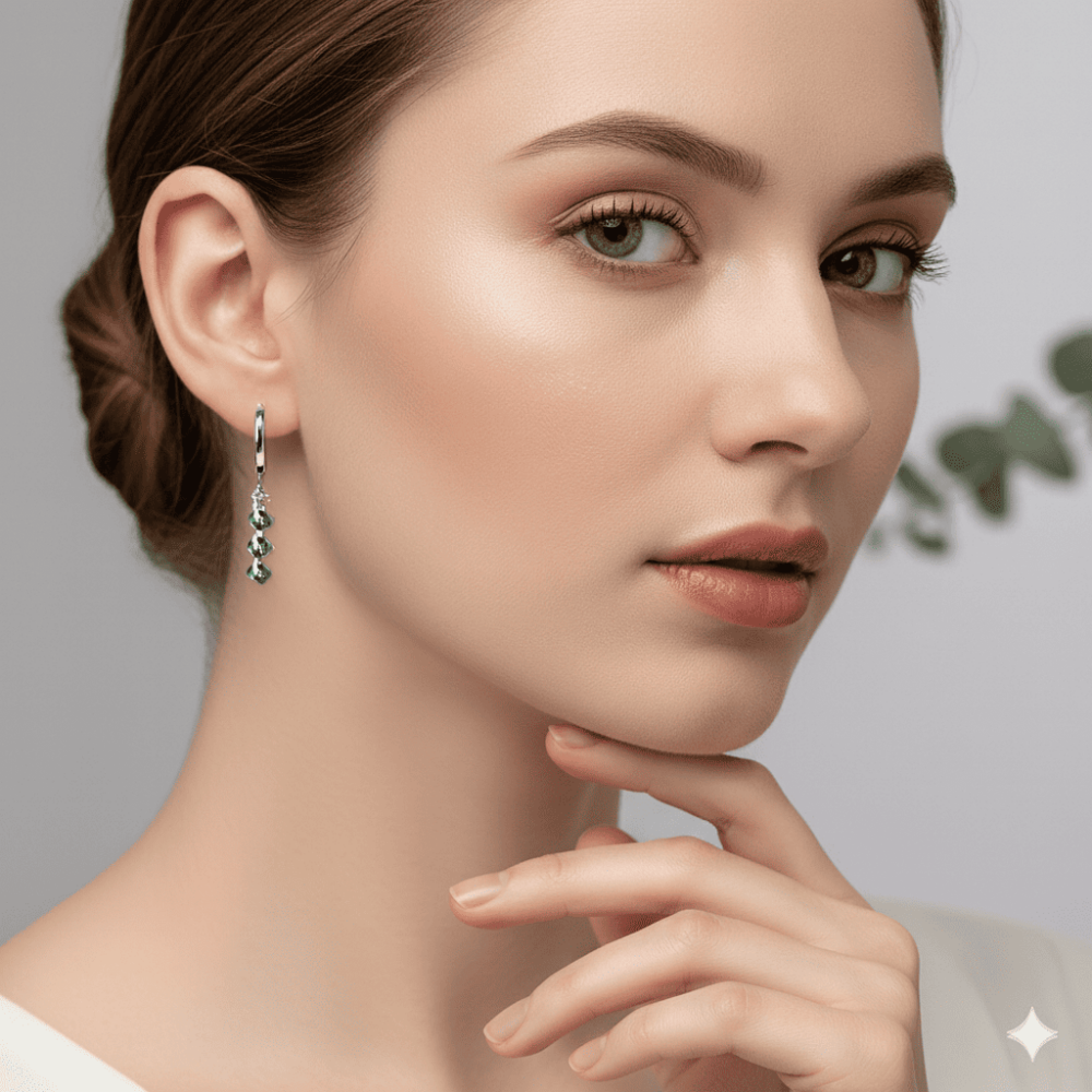 Faset Yeşil Zirkon Taşlı 3 lü Damla Tasarım 925 Ayar Gümüş Kadın Küpe - 2