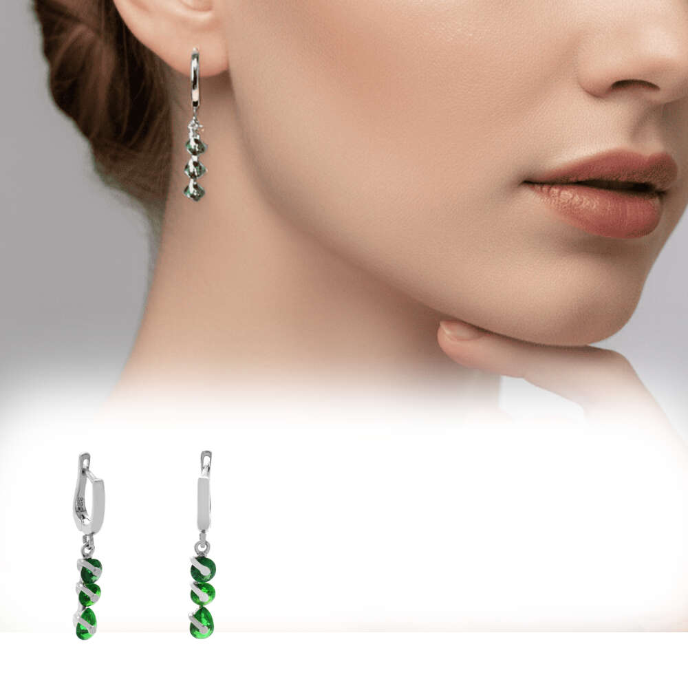 Faset Yeşil Zirkon Taşlı 3 lü Damla Tasarım 925 Ayar Gümüş Kadın Küpe - 1