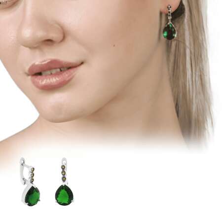 Faset Yeşil Zirkon Taşlı Damla Tasarım 925 Ayar Gümüş Kadın Küpe - Tesbihane