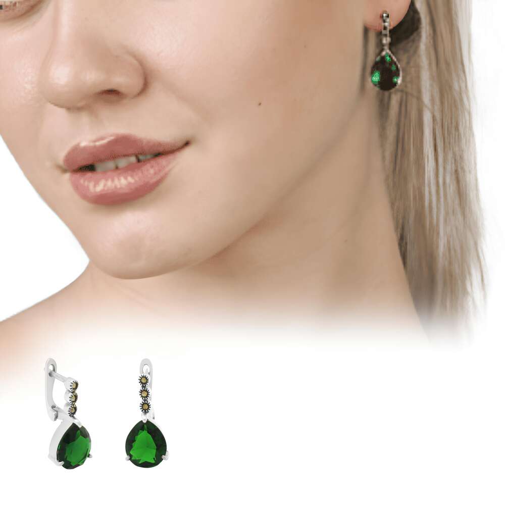 Faset Yeşil Zirkon Taşlı Damla Tasarım 925 Ayar Gümüş Kadın Küpe - 1
