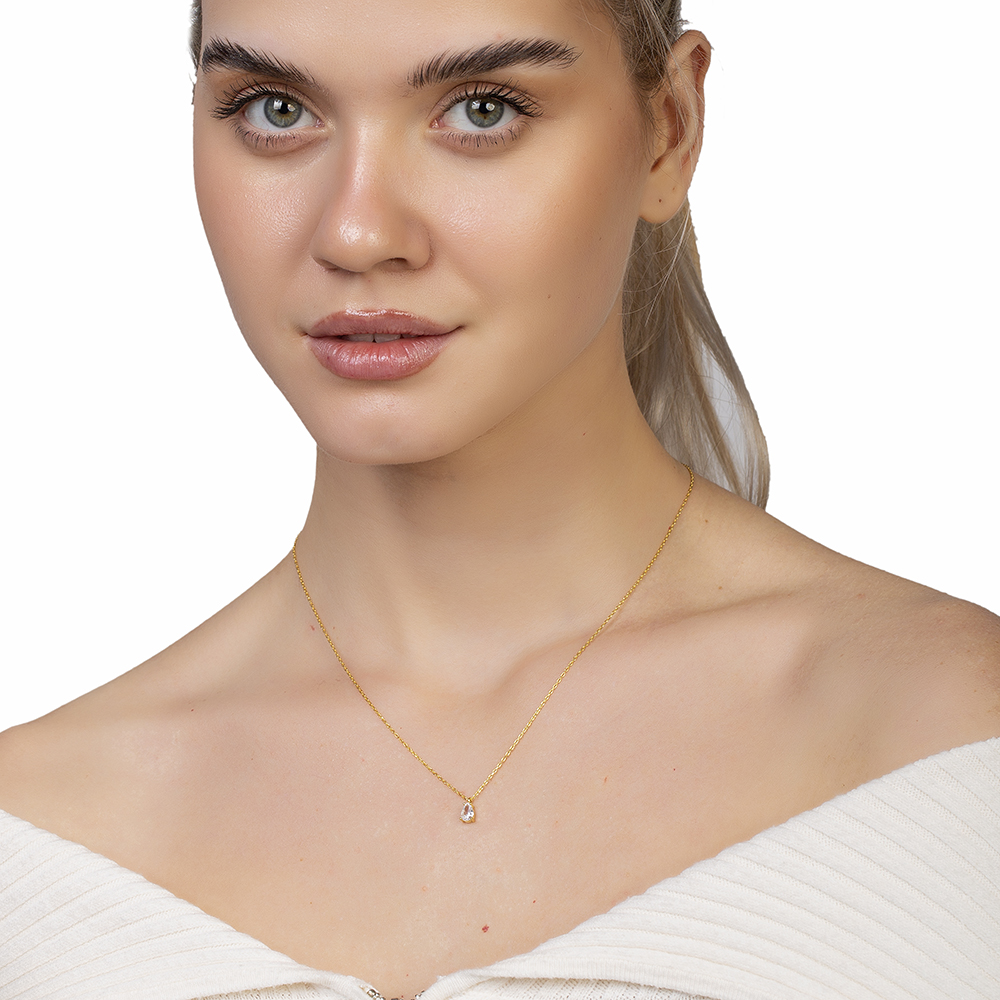 Faset Zirkon Tek Taşlı Altın Renk 925 Ayar Gümüş Kadın Kolye - 2