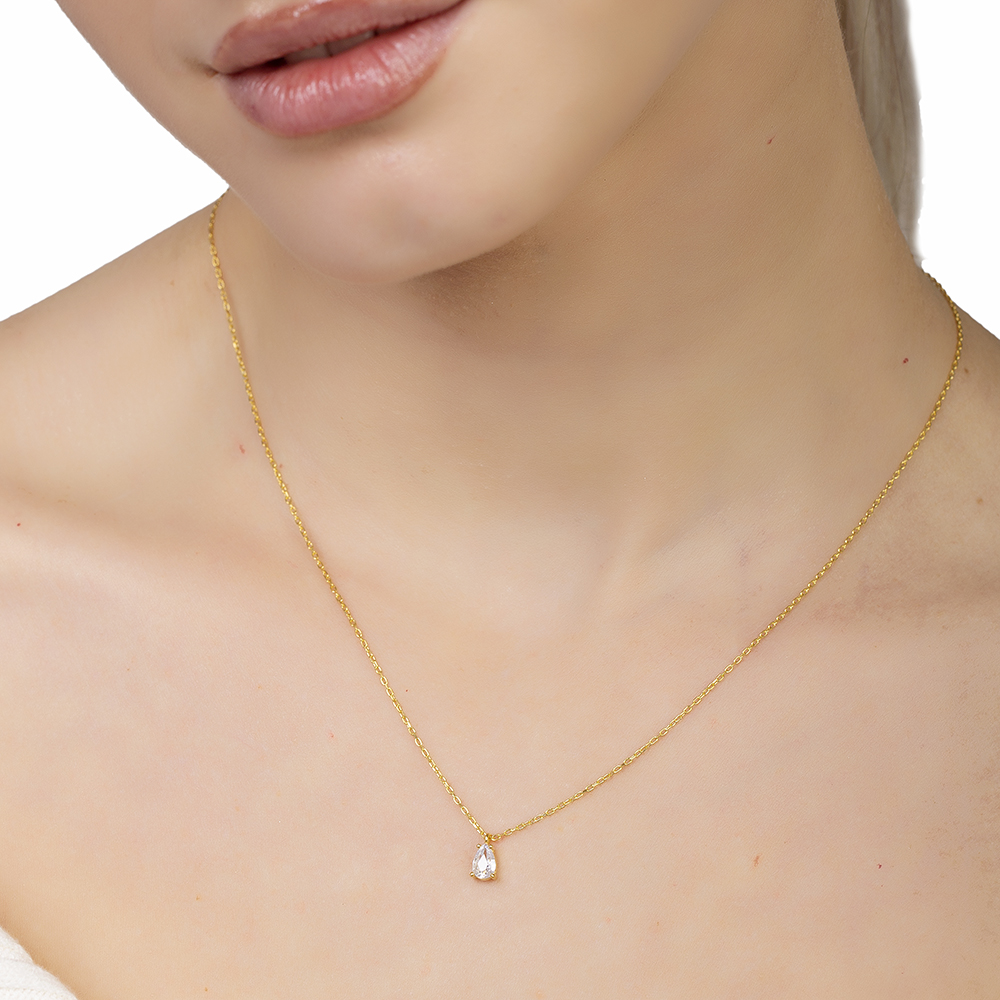 Faset Zirkon Tek Taşlı Altın Renk 925 Ayar Gümüş Kadın Kolye - 4