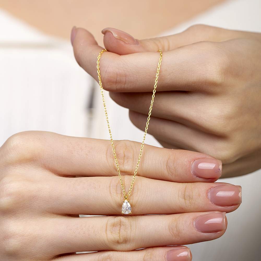 Faset Zirkon Tek Taşlı Altın Renk 925 Ayar Gümüş Kadın Kolye - 5