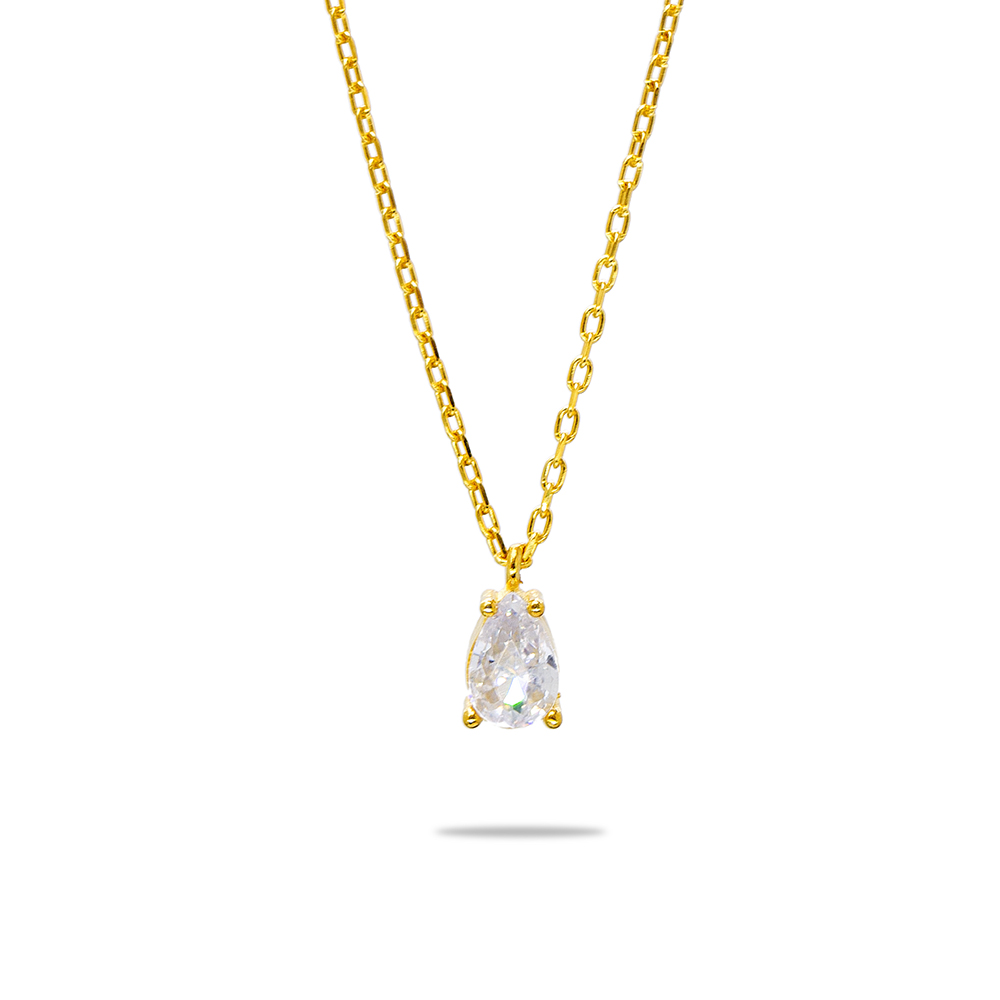 Faset Zirkon Tek Taşlı Altın Renk 925 Ayar Gümüş Kadın Kolye - 3