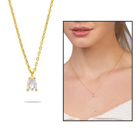 Faset Zirkon Tek Taşlı Altın Renk 925 Ayar Gümüş Kadın Kolye - Tesbihane