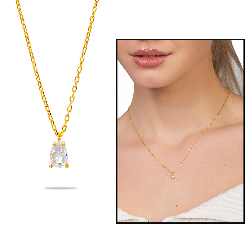 Faset Zirkon Tek Taşlı Altın Renk 925 Ayar Gümüş Kadın Kolye - 1