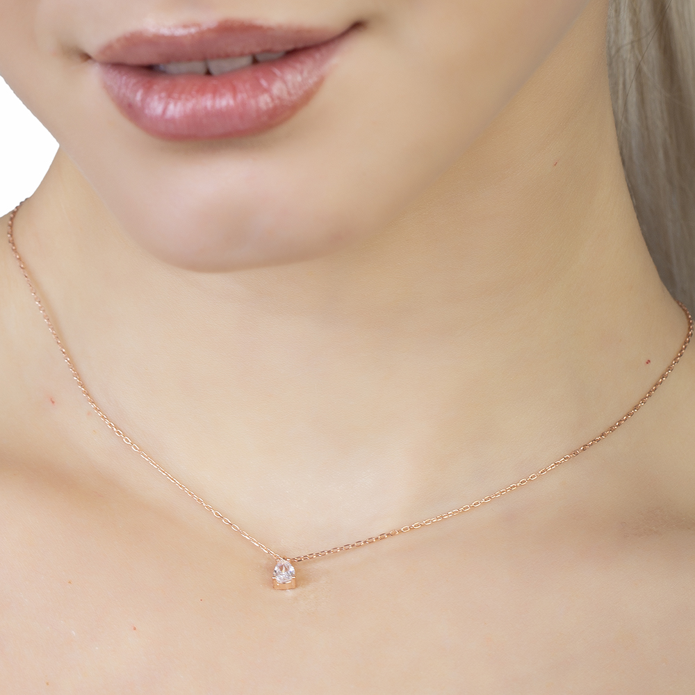 Faset Zirkon Tek Taşlı Rose Renk 925 Ayar Gümüş Kadın Kolye - 5