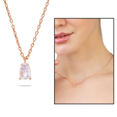 Faset Zirkon Tek Taşlı Rose Renk 925 Ayar Gümüş Kadın Kolye - Tesbihane