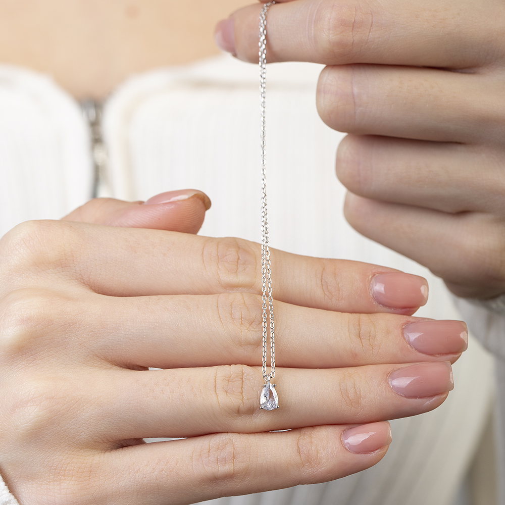 Faset Zirkon Tek Taşlı Gümüş Renk 925 Ayar Gümüş Kadın Kolye - 5