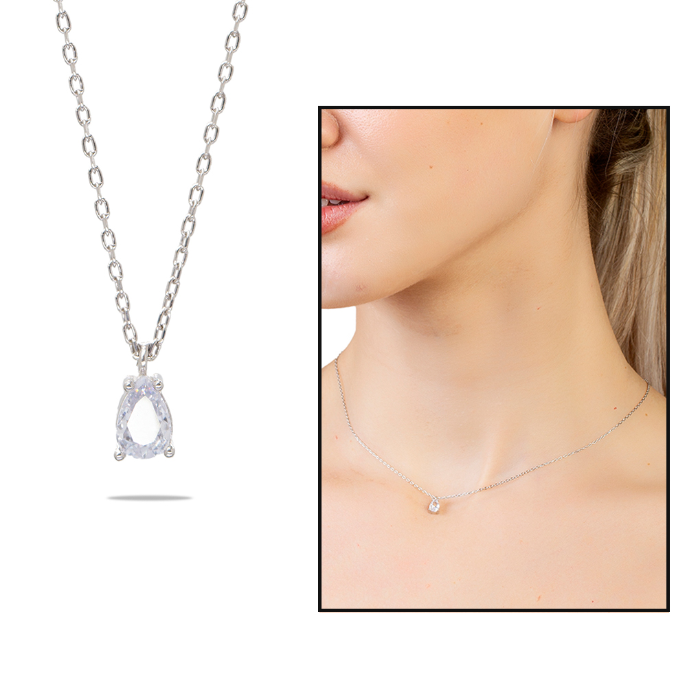 Faset Zirkon Tek Taşlı Gümüş Renk 925 Ayar Gümüş Kadın Kolye - 1