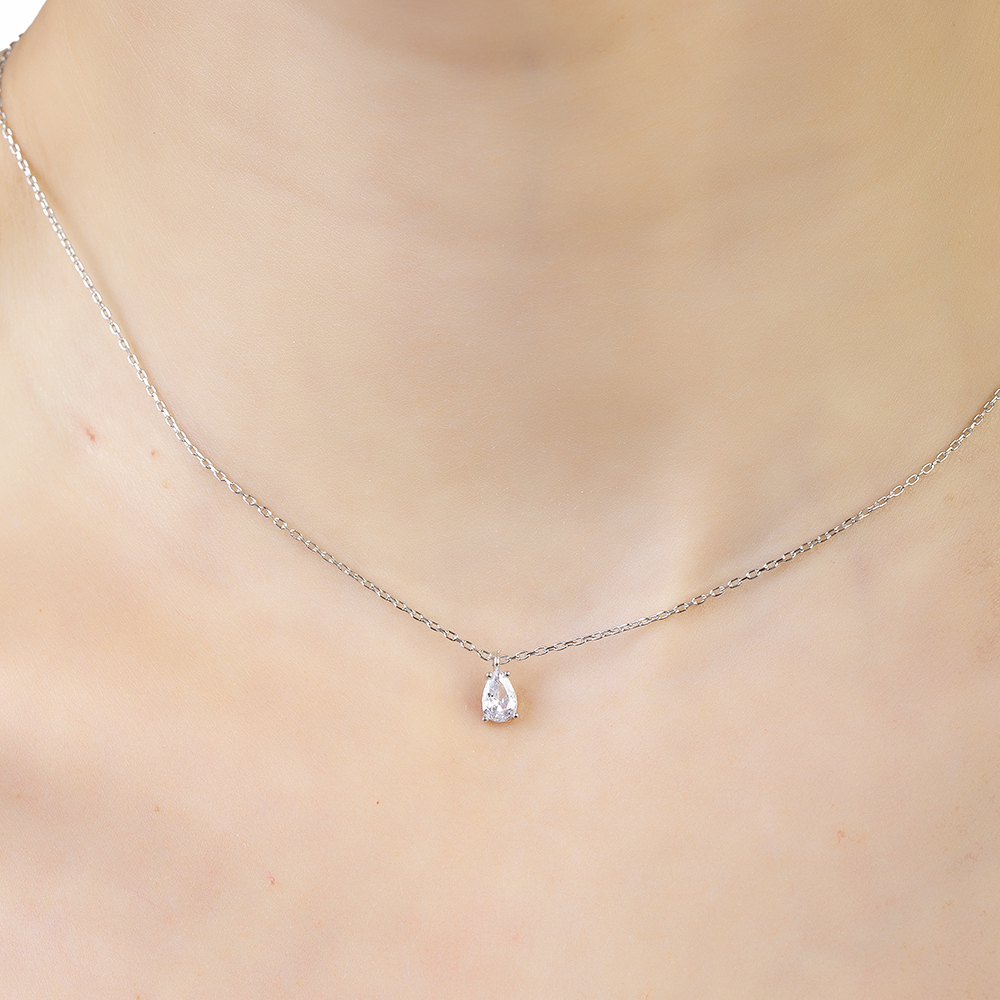 Faset Zirkon Tek Taşlı Gümüş Renk 925 Ayar Gümüş Kadın Kolye - 4