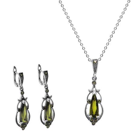 Faset Zultanit Taşlı Damla Tasarım 925 Ayar Gümüş 2 li Takı Seti - Tesbihane