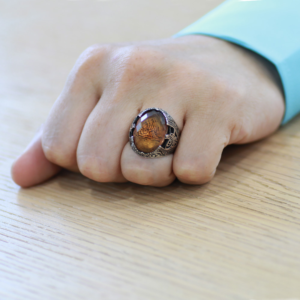 Faset Zultanit Taşlı Hüsnü Hat Hasbünallah Yazılı 925 Ayar Gümüş Erkek Yüzük - 2