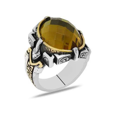 Faset Zultanit Taşlı Kalem İşçilik Tasarım 925 Ayar Gümüş Erkek Yüzük - Tesbihane