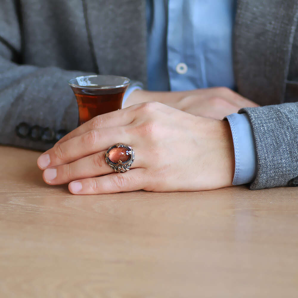 Faset Zultanit Taşlı Kral Tacı Tasarım 925 Ayar Gümüş Erkek Yüzük - 2