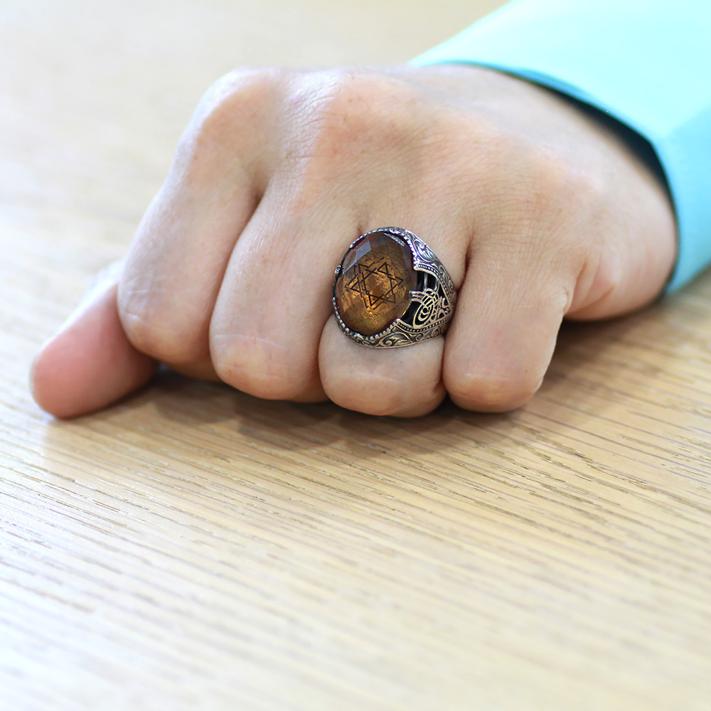 Faset Zultanit Taşlı Mührü Süleyman İşlemeli 925 Ayar Gümüş Erkek Yüzük - 2