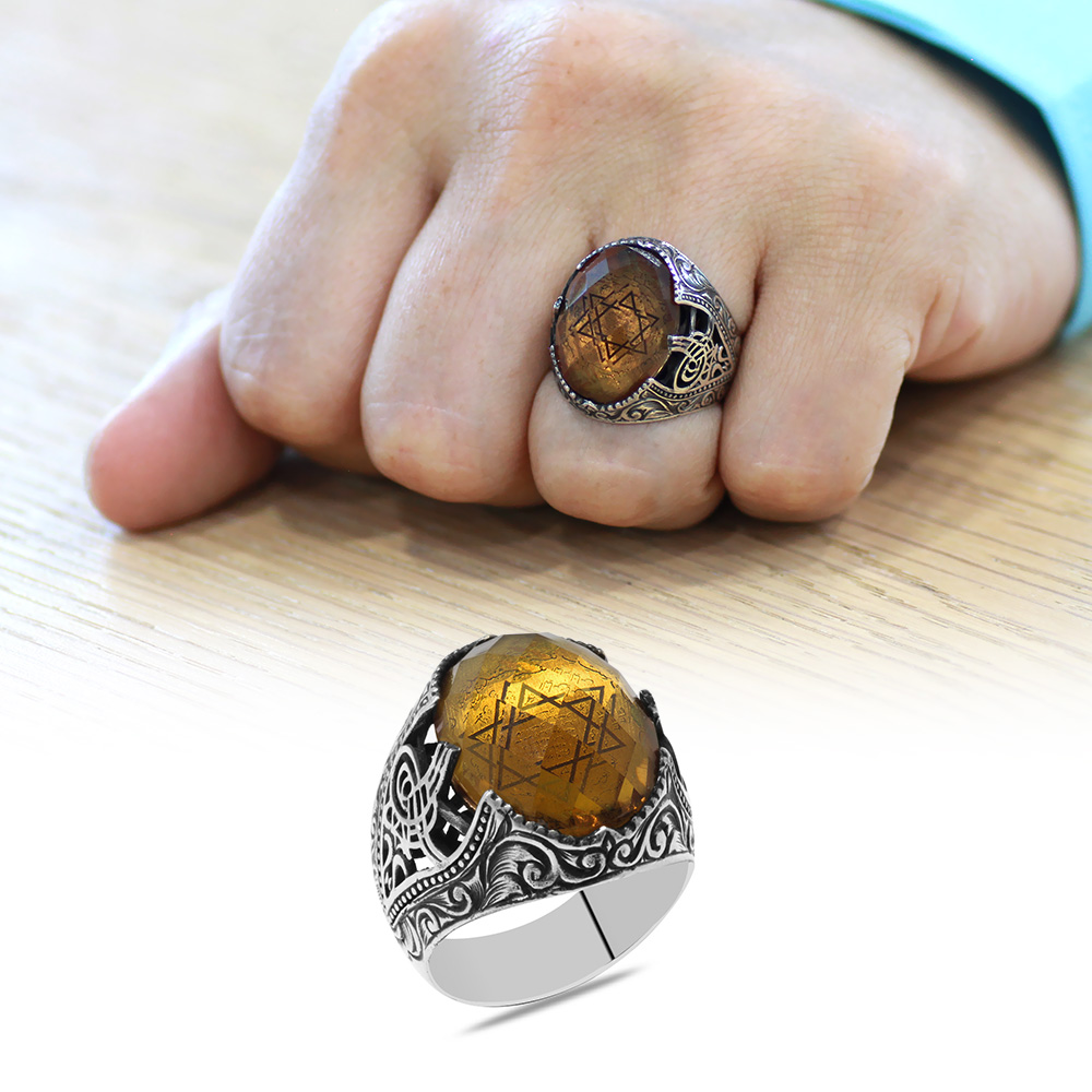 Faset Zultanit Taşlı Mührü Süleyman İşlemeli 925 Ayar Gümüş Erkek Yüzük - 1