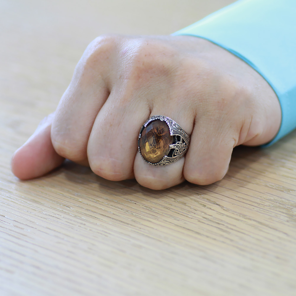 Faset Zultanit Taşlı Selçuklu Kartalı İşlemeli 925 Ayar Gümüş Erkek Yüzük - 2
