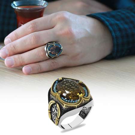 Faset Zultanit Taşlı Yanları Firuze Taş Mıhlamalı Kılıç Temalı 925 Ayar Gümüş Erkek Yüzük - Tesbihane