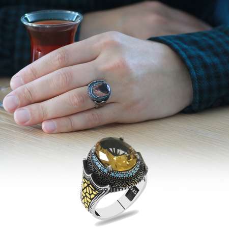 Faset Zultanit Taşlı Yanları Firuze Taş Mıhlamalı Labirent Detaylı 925 Ayar Gümüş Erkek Yüzük - Tesbihane