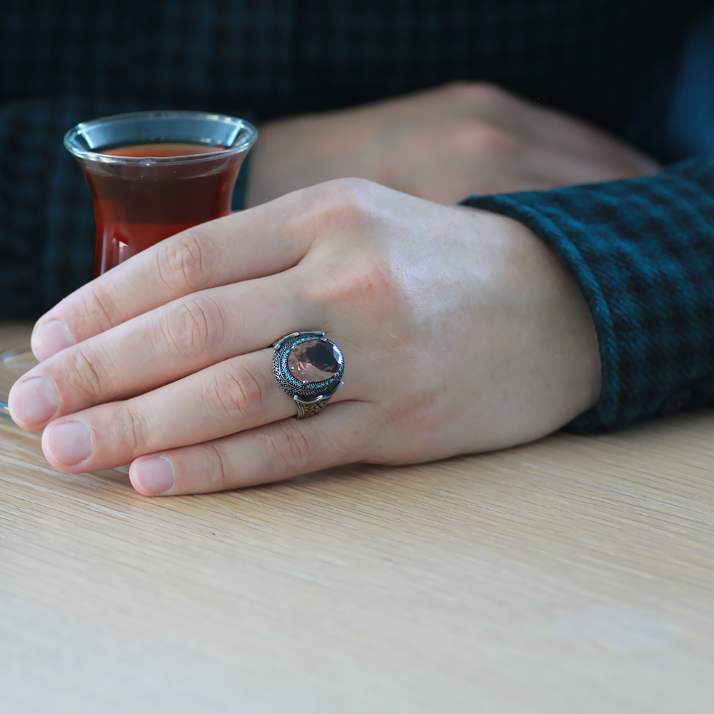 Faset Zultanit Taşlı Yanları Firuze Taş Mıhlamalı Labirent Detaylı 925 Ayar Gümüş Erkek Yüzük - 2