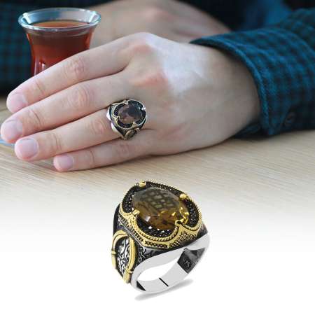 Faset Zultanit Taşlı Yanları Mikro Taş Mıhlamalı Kılıç Temalı 925 Ayar Gümüş Erkek Yüzük - Tesbihane